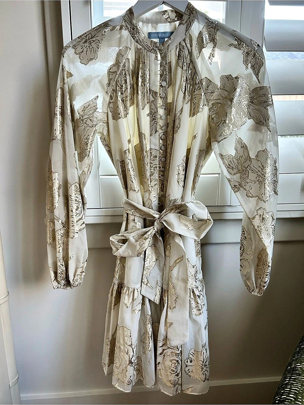Antonio Melani Floral Tie-Waist Midi Dress White & Gold metallic Cocktail-Semi-F